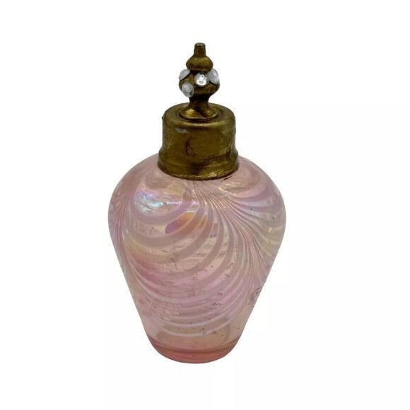 IRICE I W & RICE PERFUME BOTTLE PINK IRIDESCENT PULL FEATHER PATTERN 4.75"X2.5" - Picture 3 of 5